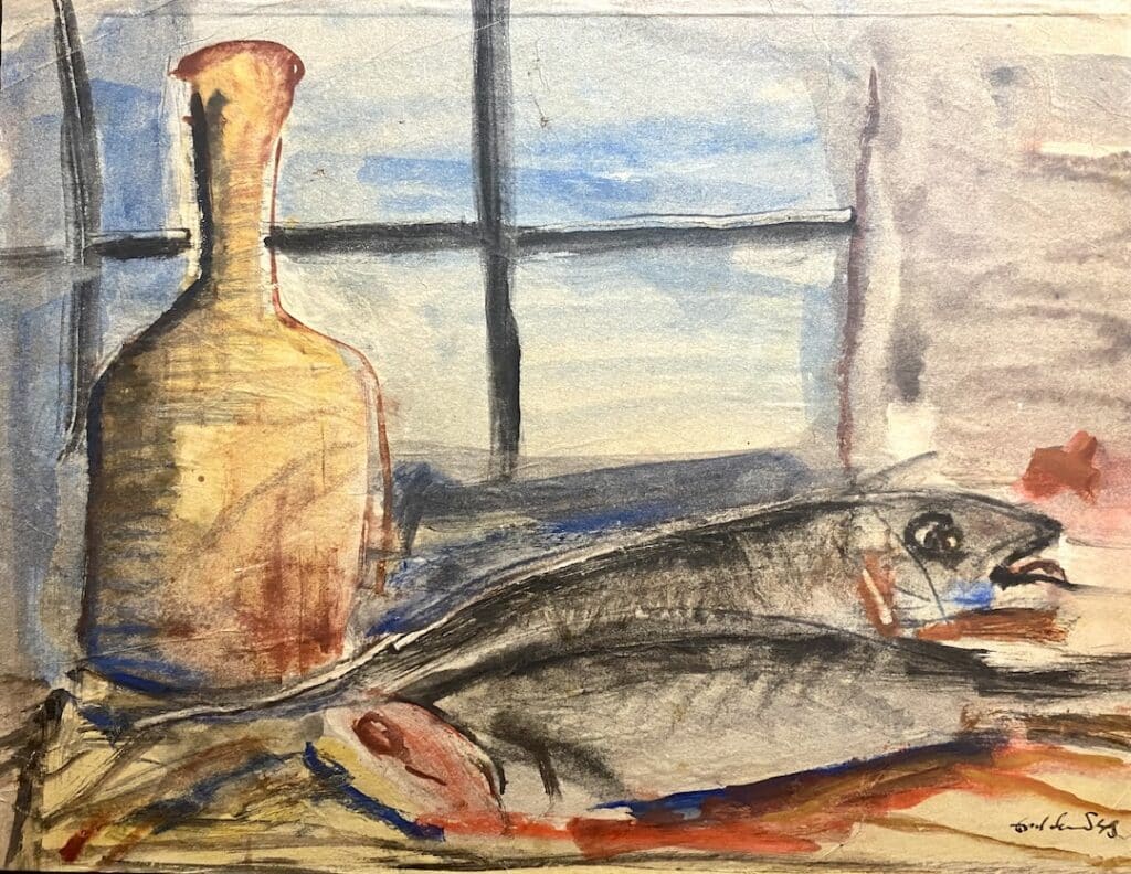 Erich SCHMID "poissons et carafe devant la fenêtre"